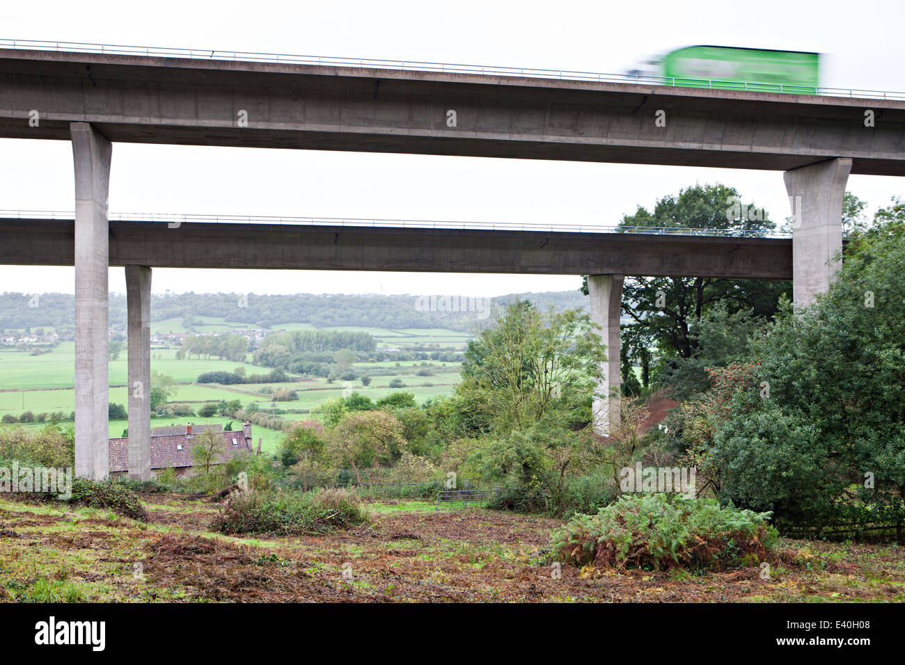 View of traffic on M5 motorway bridges from ground level at Portbury, North Somerset Stock Photo