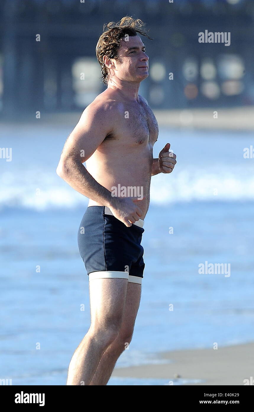 Liev Schreiber shows off his toned body on the filmset of Pawn Sacrifice  filming on Santa Monica Beach. The hunky actor was seen flexing his biceps  and running around the beach while