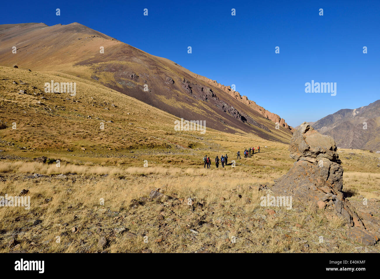 Iran, Mazandaran, Hezar Som plateau, Alam Kuh area, Takht-e Suleyman Massif, Alborz Mountains, group of people hiking Stock Photo