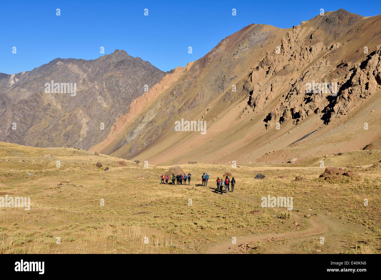 Iran, Mazandaran, Hezar Som plateau, Alam Kuh area, Takht-e Suleyman Massif, Alborz Mountains, group of people hiking Stock Photo
