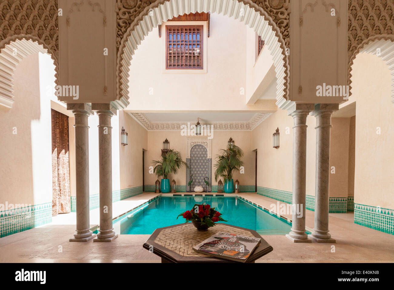 View of the swimming pool at the beautiful Riad Kniza, Marrakesh, Morocco, North Africa. Stock Photo