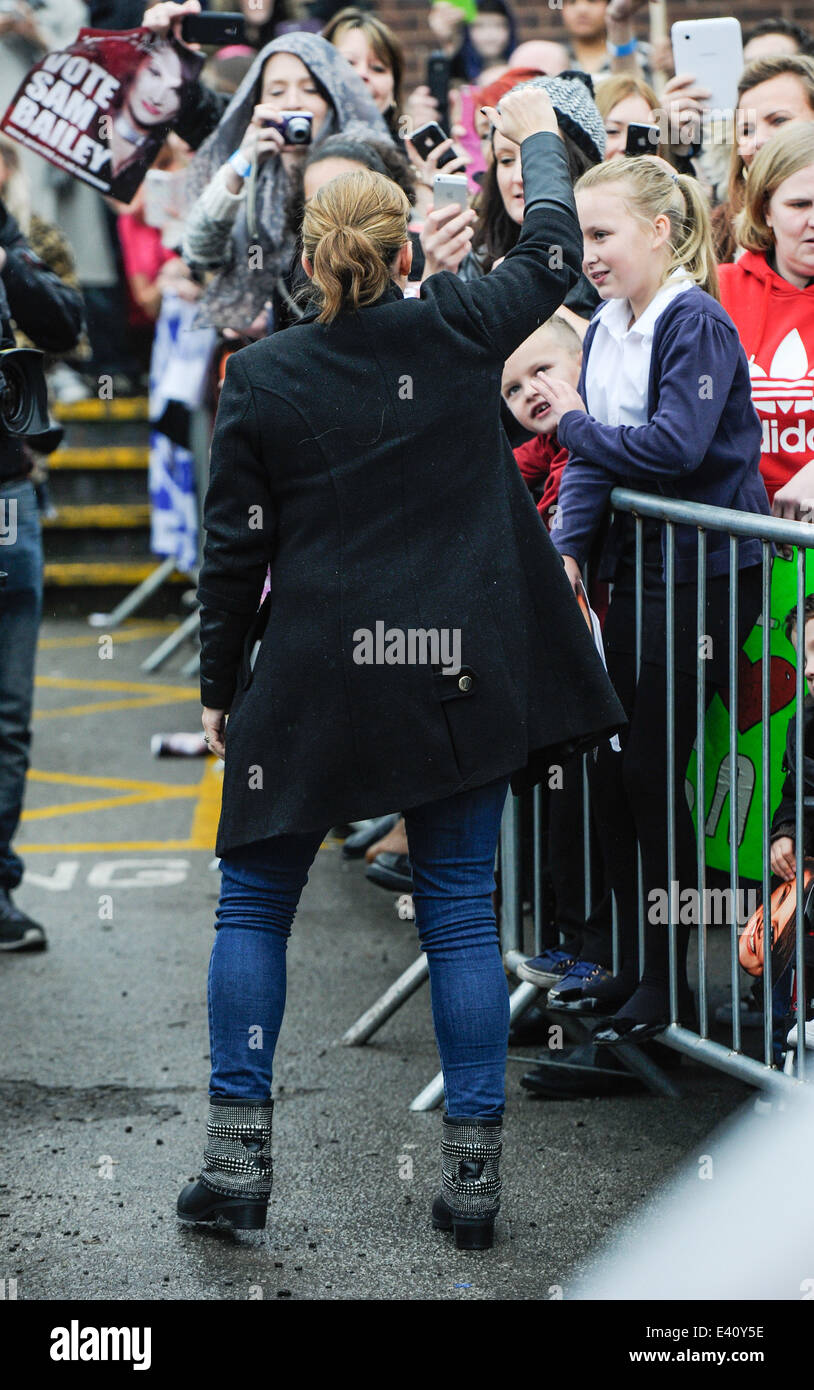 X Factor finalist Sam Bailey arrives at the Eyres Monsell Club & Institute in Leicester to perform and meet mentor Sharon Osbourne ahead of the X Factor Final  Featuring: Sam Bailey Where: Leicester, United Kingdom When: 12 Dec 2013 Stock Photo