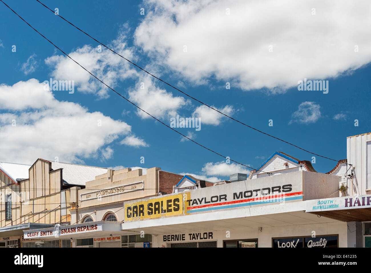 Australia, New South Wales, Murwillumbah, art deco buildings with shop signs in town Stock Photo