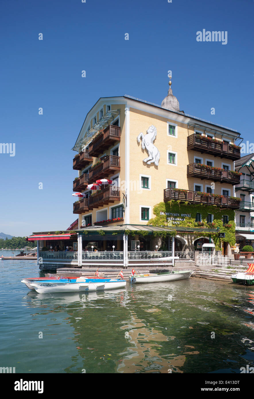 Austria, Salzkammergut, Salzburg State, Lake Wolfgangsee, Hotel Weisses Roessl Stock Photo
