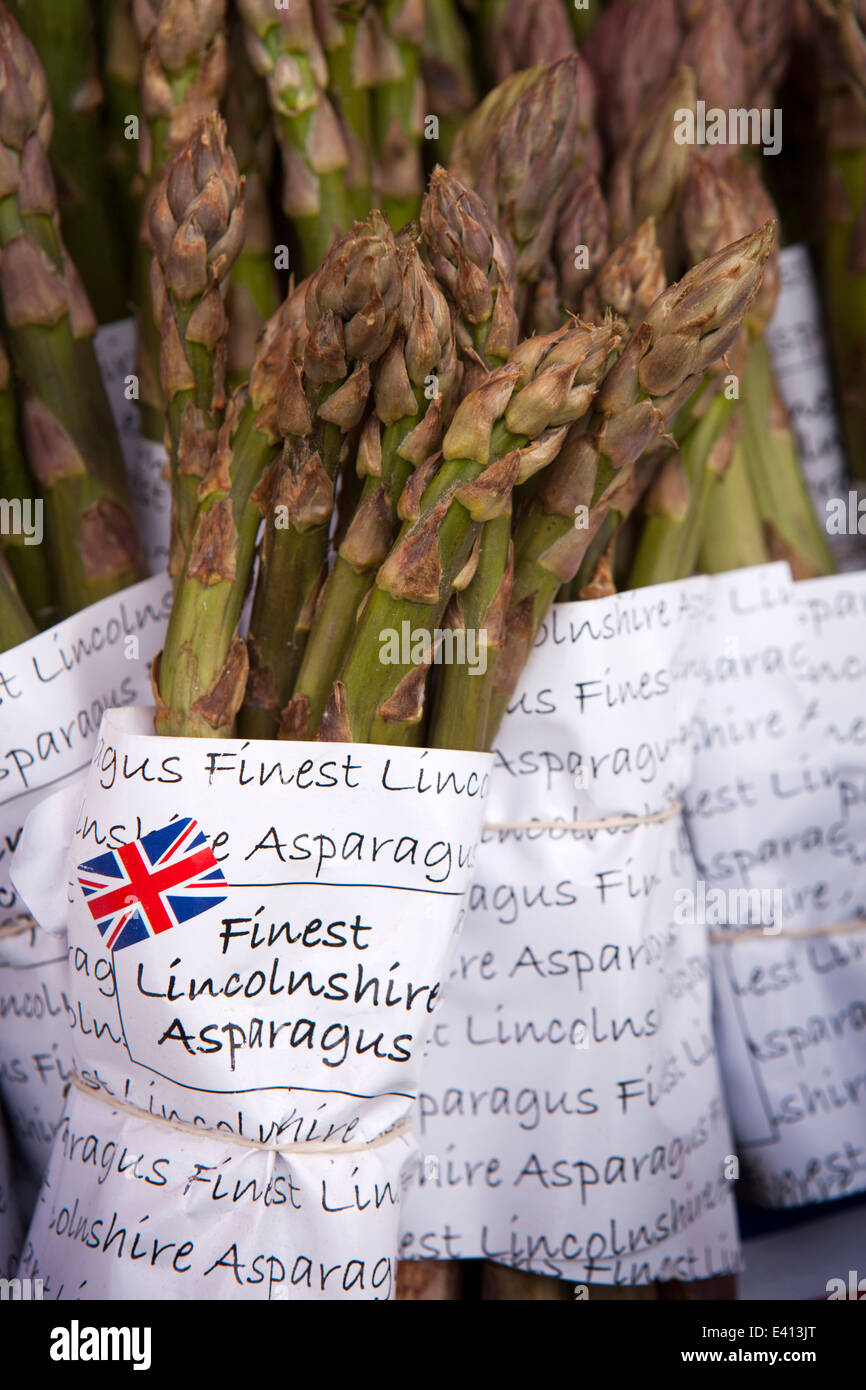 UK England, Suffolk, Bury St Edmunds, market, stall selling finest Lincolnshire asparagus Stock Photo