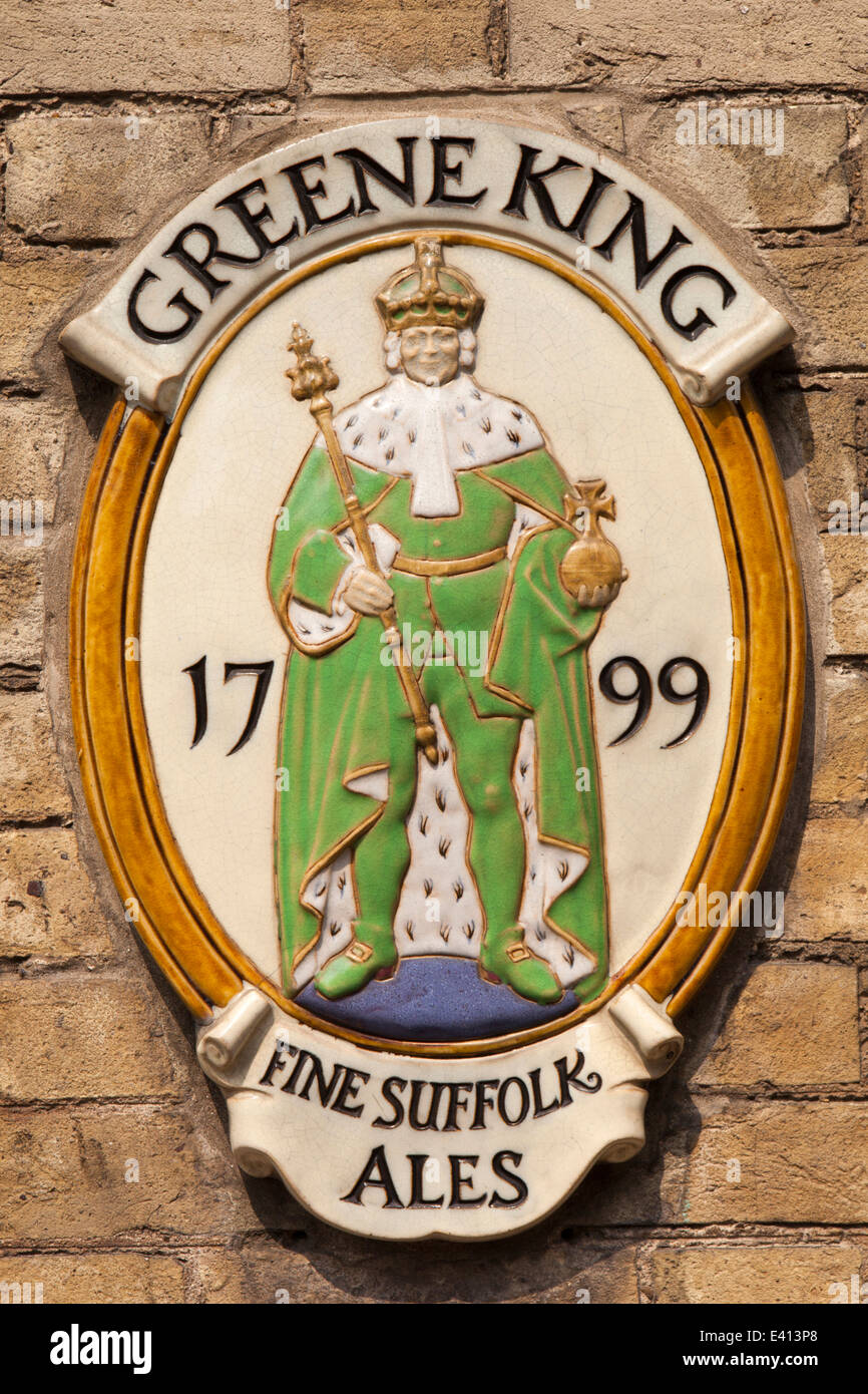 UK England, Suffolk, Bury St Edmunds, Greene King, Fine Suffolk ales, ceramic sign Stock Photo