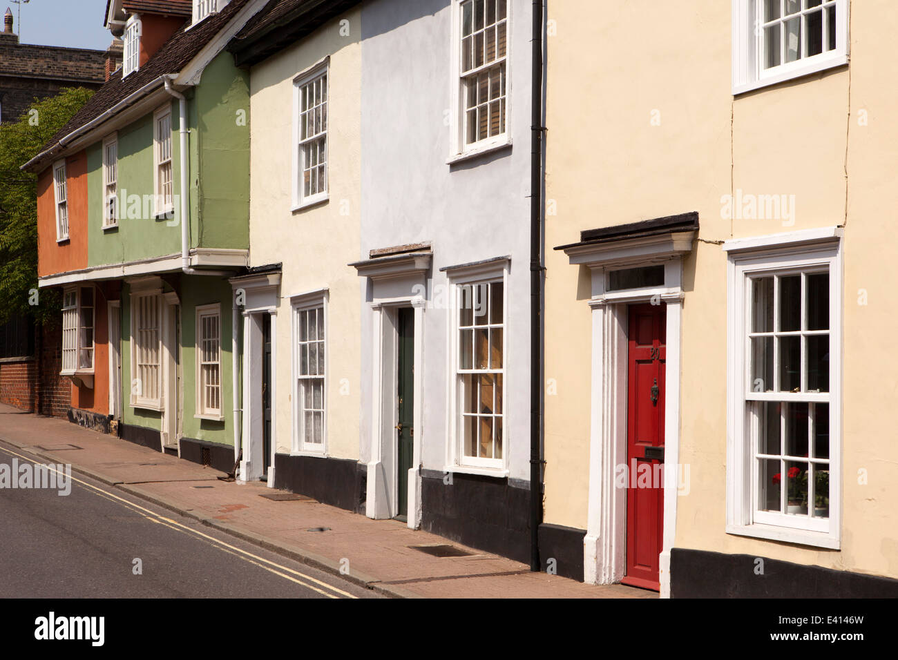 UK England, Suffolk, Bury St Edmunds, Churchgate St, colourful jettied timber framed houses Stock Photo