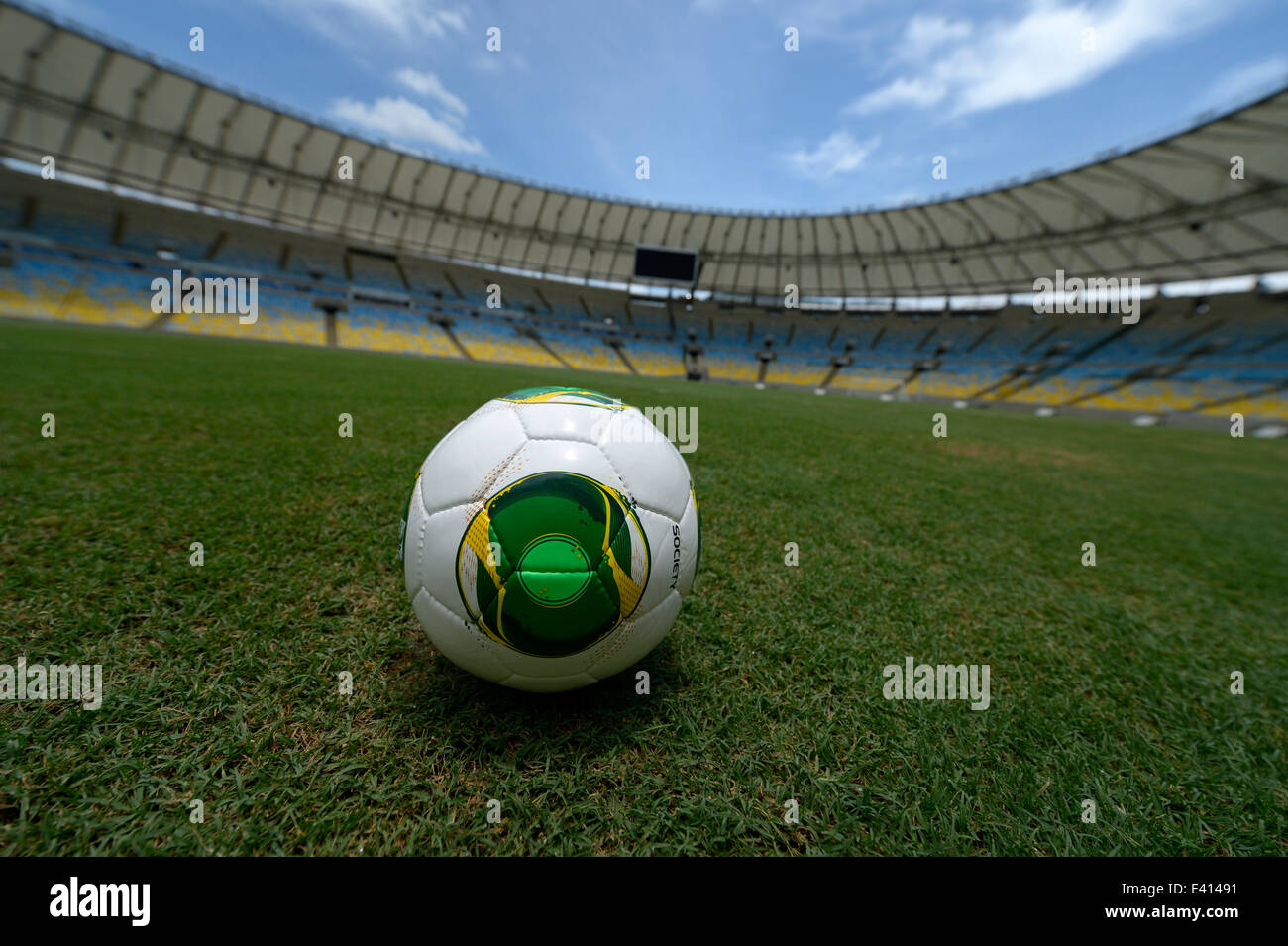 Brazil, Rio de Janeiro, Soccerball on lawn of Maracana Stadium Stock Photo