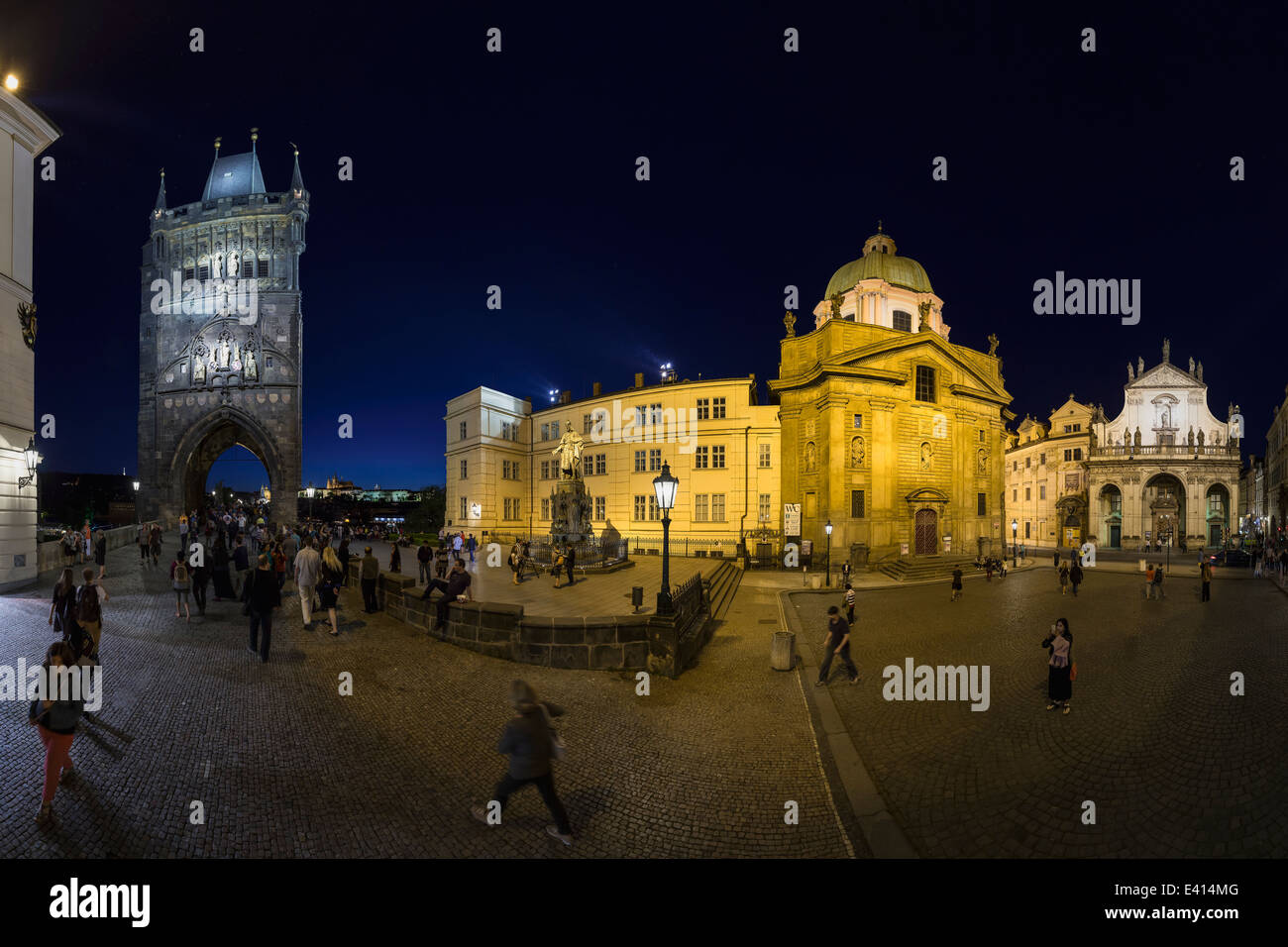 Czechia, Prague, Knights of the Cross Square with Old Town bridge tower, Church of St Francis and a Neo-Gothic statue of Charles IV, Church of St Saviour right Stock Photo