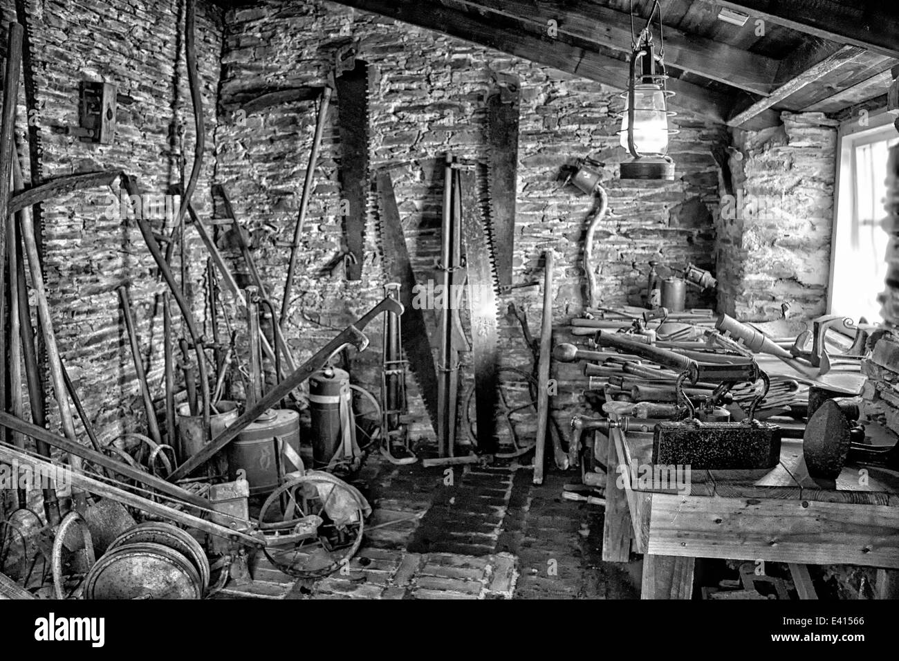 Historic Garden shed with tools Stock Photo