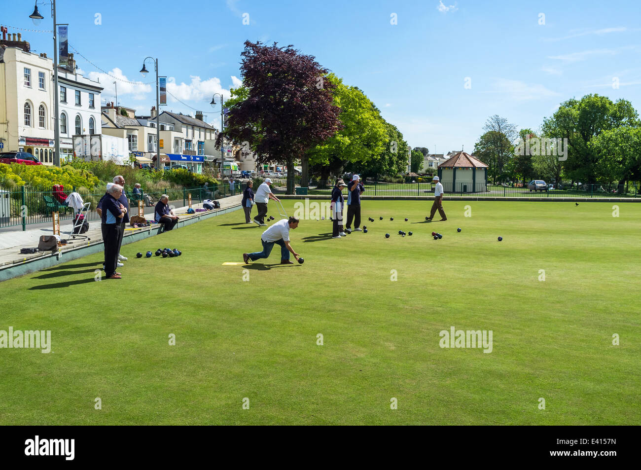 Dawlish, Devon, England. People playing bowls at the Dawlish Bowls Club