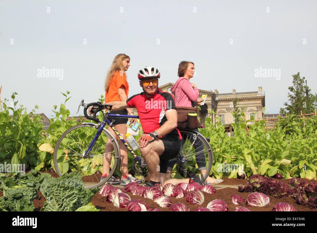 Huddersfield, West Yorks, UK. 2nd July 2014.  Cyclist Maurice Legood, 67, from Dewsbury pauses to admire farm. French farmers, vegetable plots, sheep, chickens, pigs & a cow appeared overnight in St George’s Square to greet commuters outside the train station. The working farm, that also features 1700 lettuces & 700kg of vegetables, marks the finale of the 100-day Yorkshire Festival 2014, celebrating The Grand Depart coming to the county. Credit:  Deborah Vernon/Alamy Live News Stock Photo