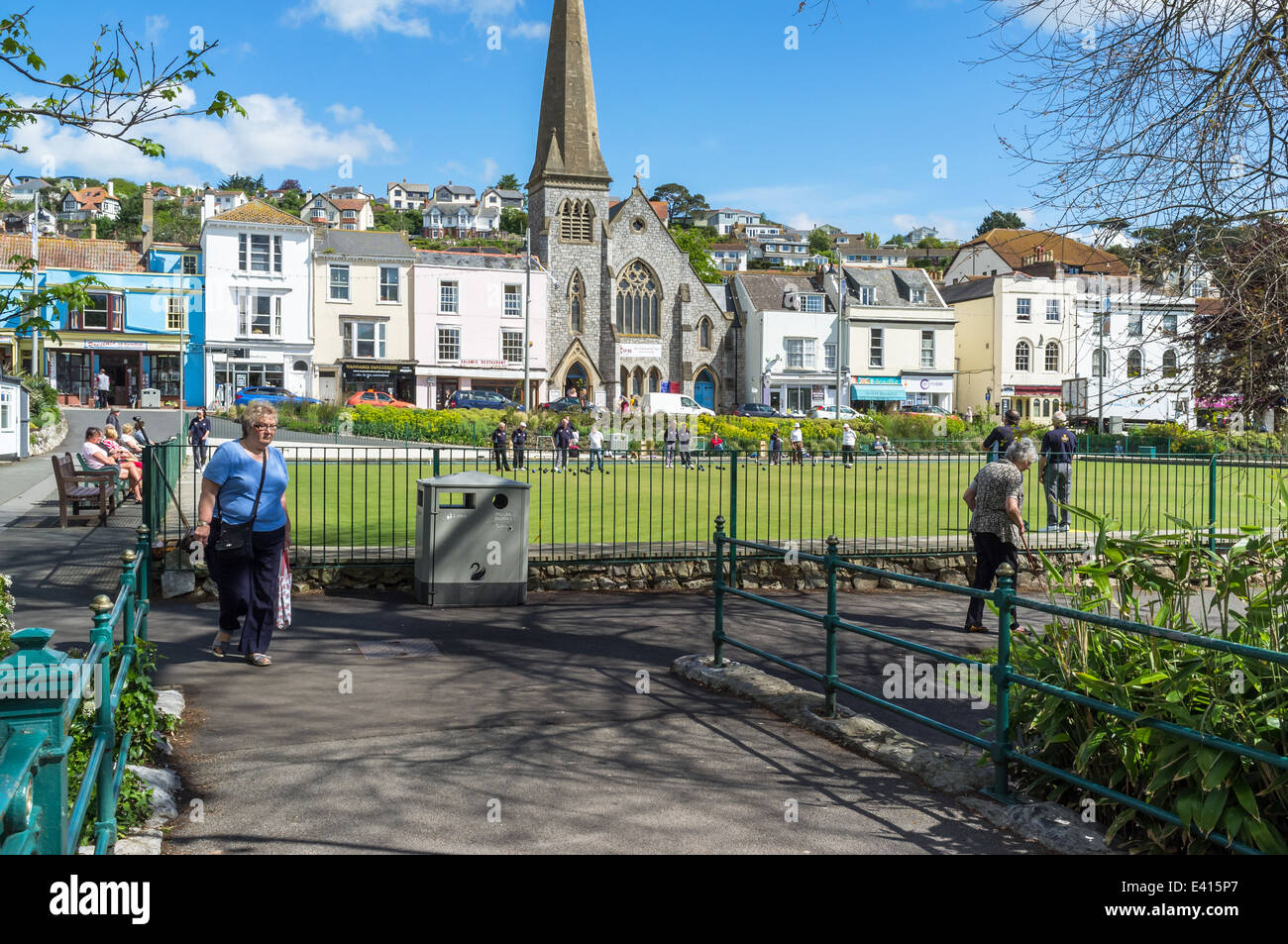 Dawlish, Devon, England.  People playing bowls at the Dawlish Bowls Club in the town centre, center. Stock Photo
