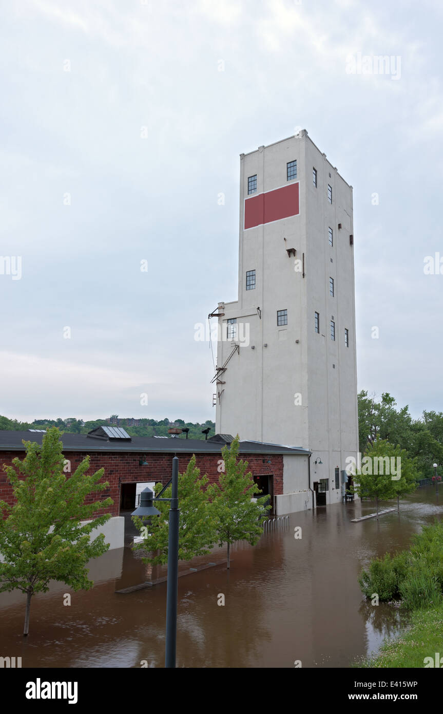 renovated historic grain elevator now a park pavilion in floodwaters of