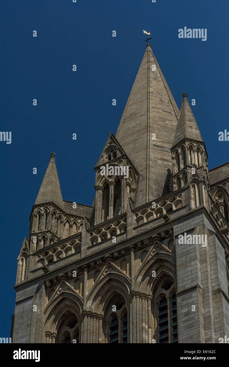 Masonry of Truro Cathedral [Cornwall] set against a blue, cloudless, summer sky. Stock Photo