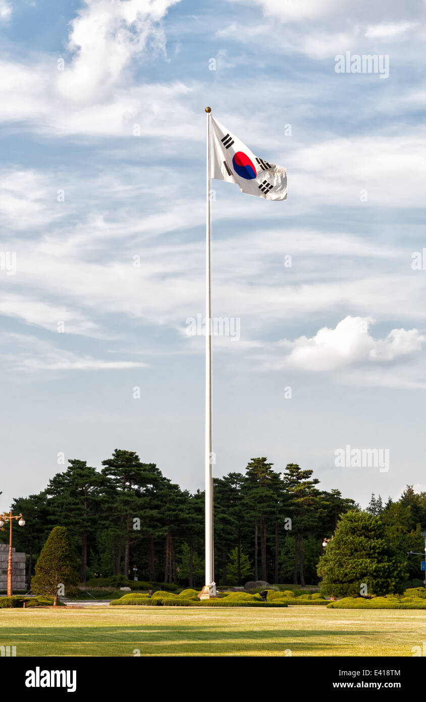 A South Korean flag flaps in the wind outside of the National Assembly of South Korea in Seoul. Stock Photo