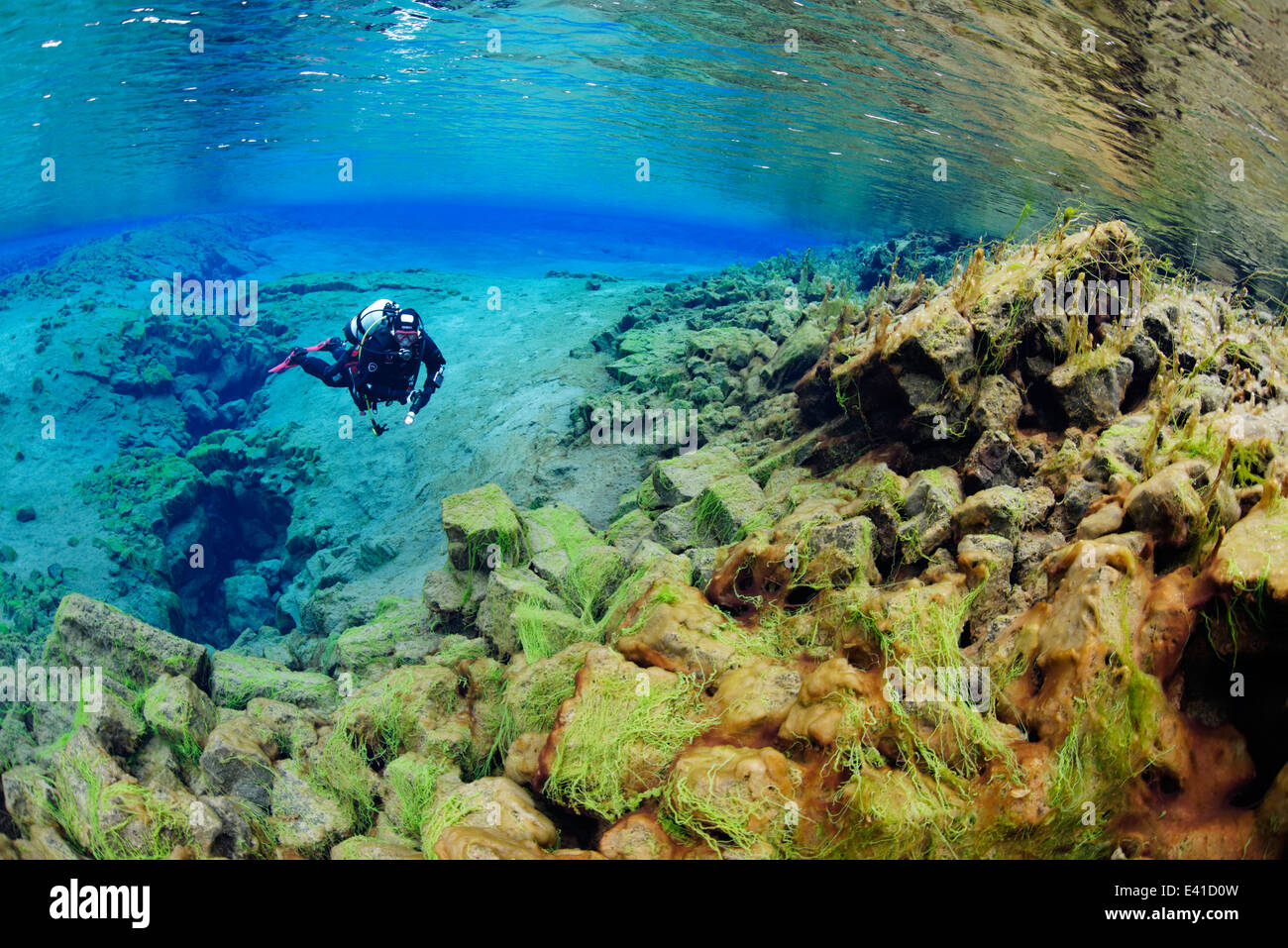Scuba diving in Silfra Crack with Lagoon, Island, Silfra, thingvellir Nationalpark, Iceland Stock Photo