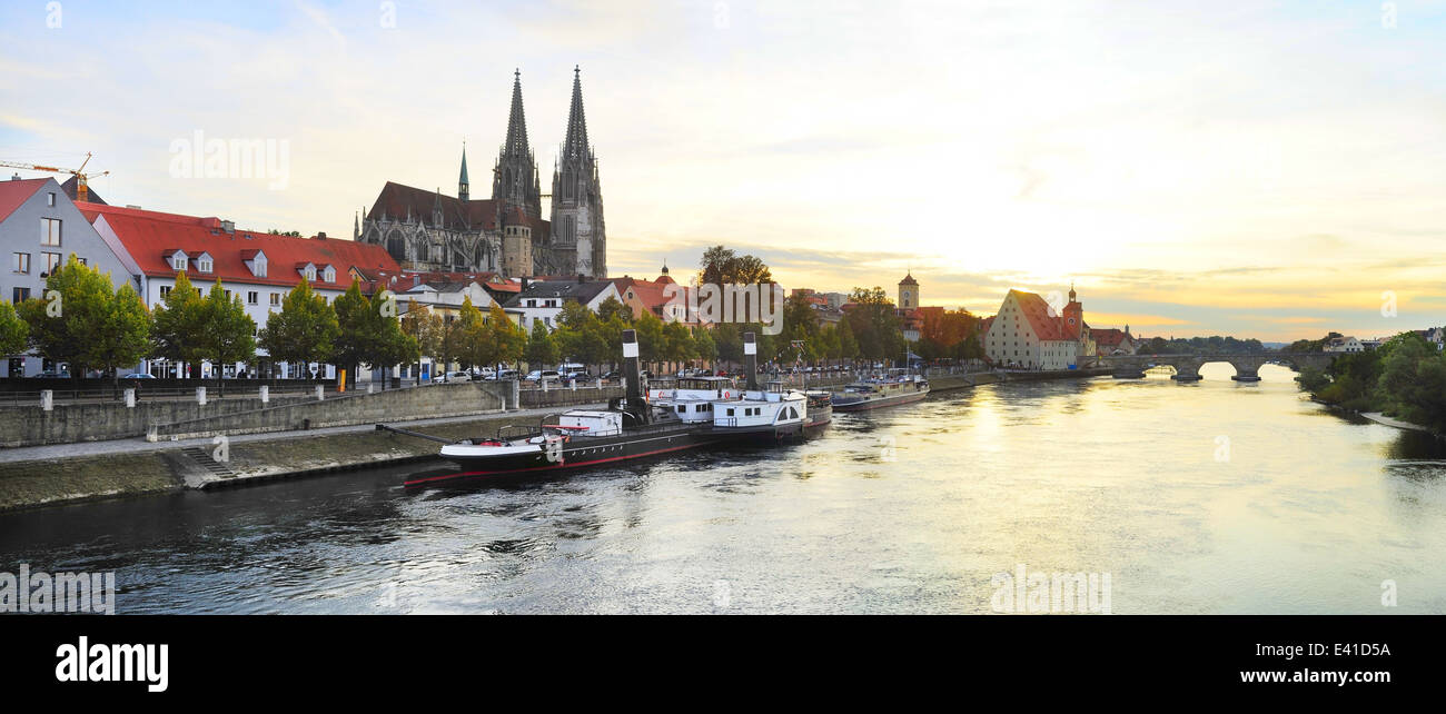 Panorama of Regensburg old town at sunset. Germany Stock Photo