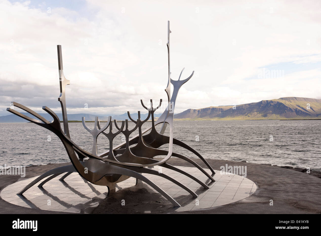 Sculpture Sun Voyager from Jon Gunnar Arnason in Reykjavik, Reykjavík Center, Saebraut, Faxafloi-Bay, Iceland, North atlantic Stock Photo