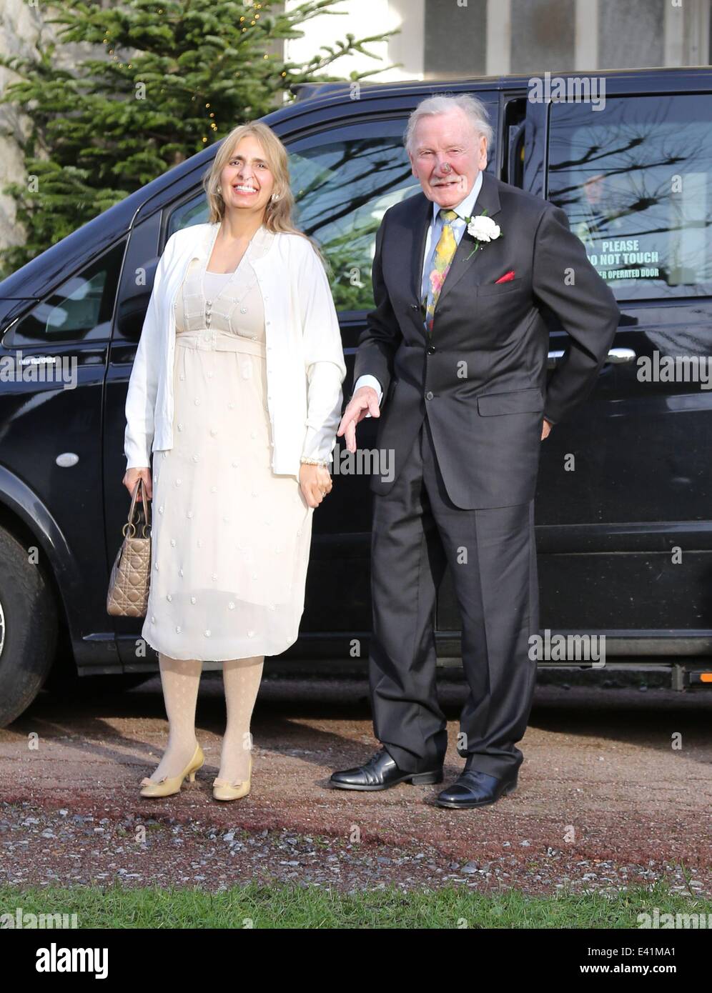 89 year old Leslie Philips seen arriving with his bride Zara Carr, who is  about half his age, at a church near their home for the marriage to be  blessed. Featuring: Leslie