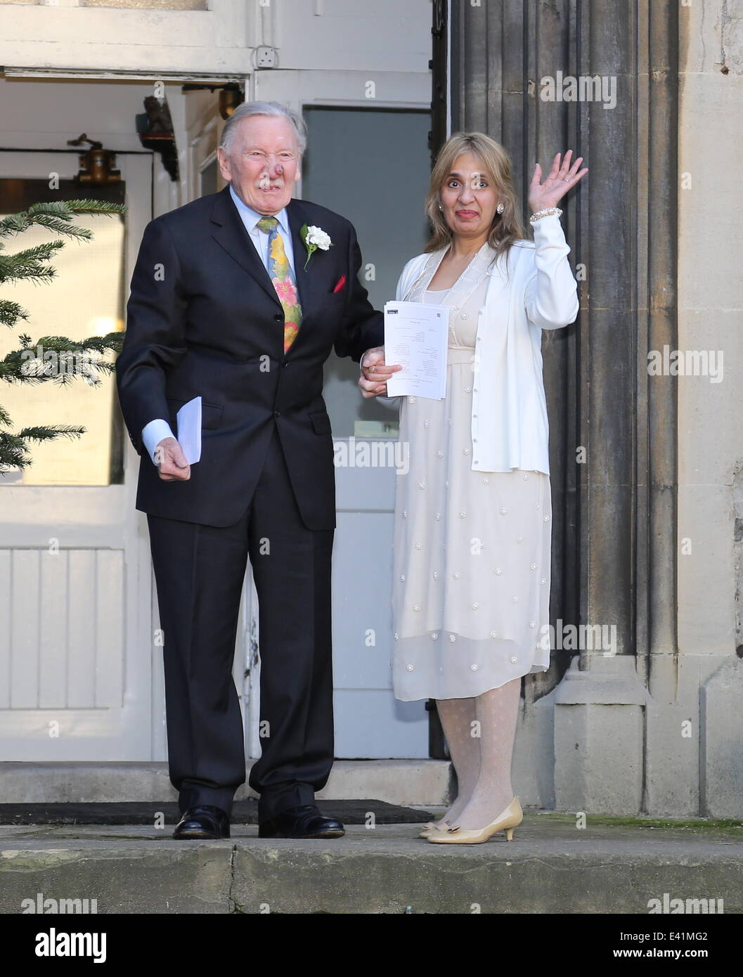 Leslie Philips and Zara Carr seen leaving a local church after the Stock  Photo - Alamy