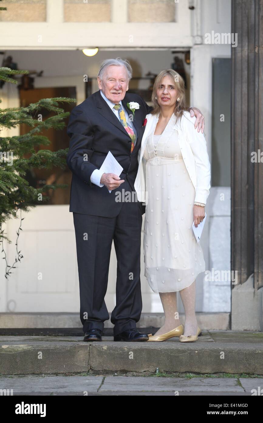 Leslie Philips and Zara Carr seen leaving a local church after the marriage  blessing. Featuring: Leslie Phillips,Zara Carr Where: London, United  Kingdom When: 20 Dec 2013 Stock Photo - Alamy