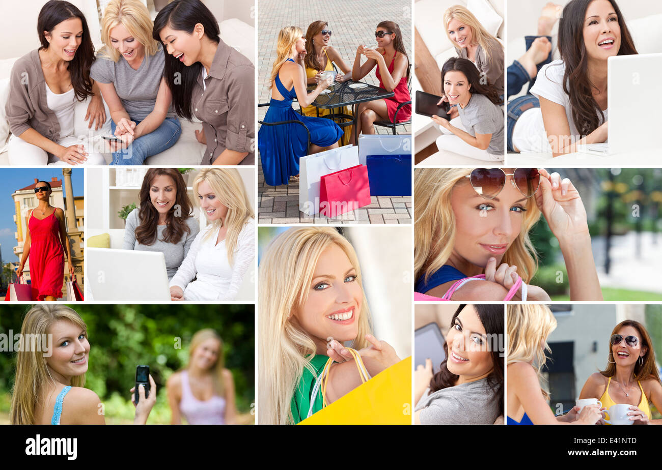 interracial mixed race group of women enjoying a modern active lifestyle relaxing at home, outside, on line, shopping, drinking Stock Photo