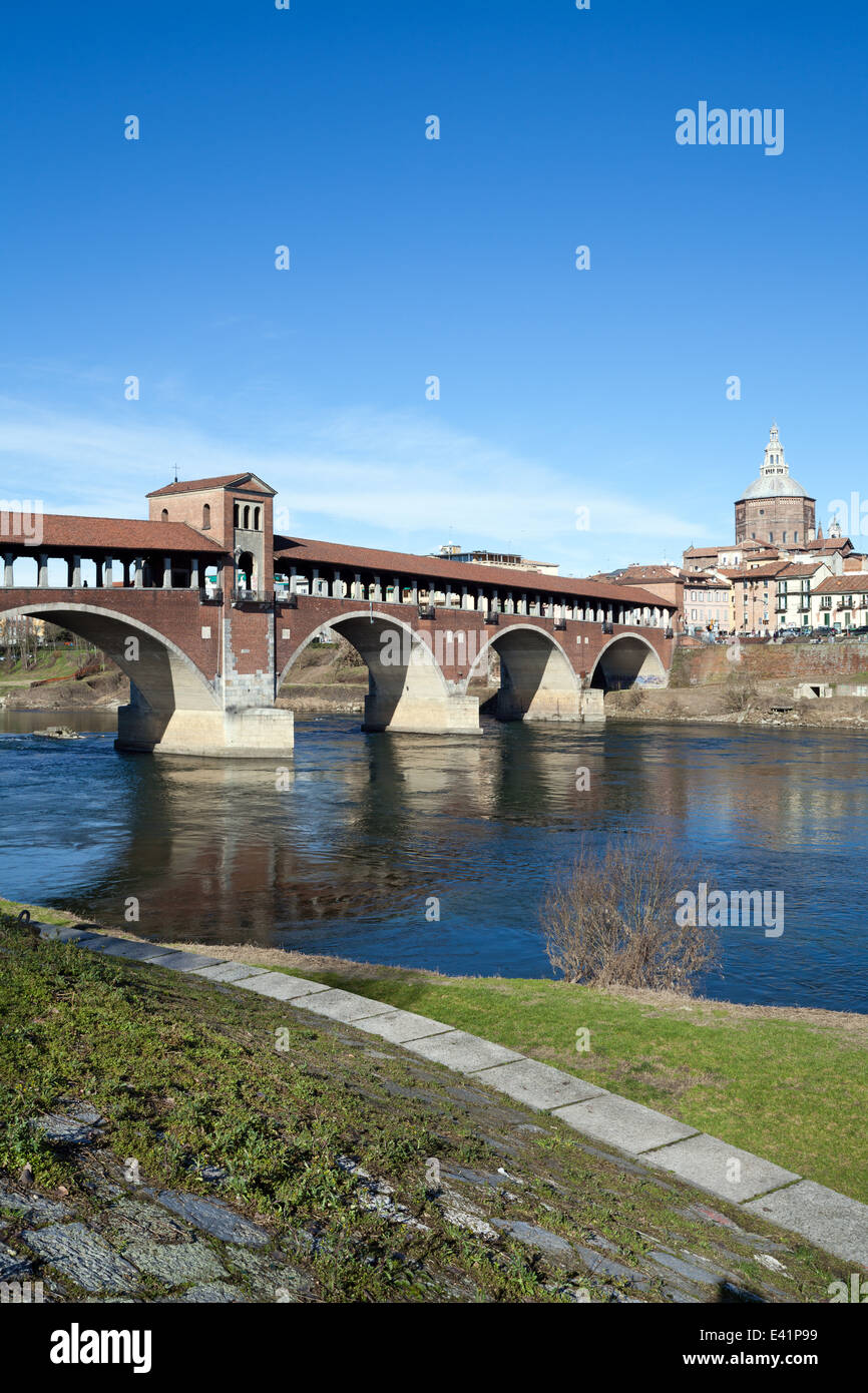 Pavia, covered bridge over Ticino river Stock Photo