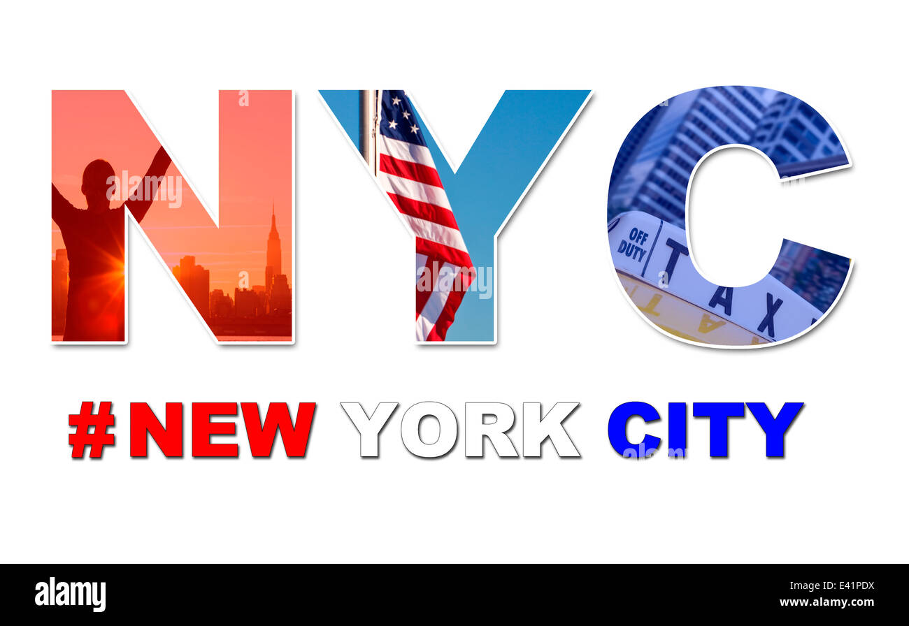 New York City America travel & tourist montage Empire State Building skyline yellow taxi cab stars & stripes flag hash tag NYC Stock Photo