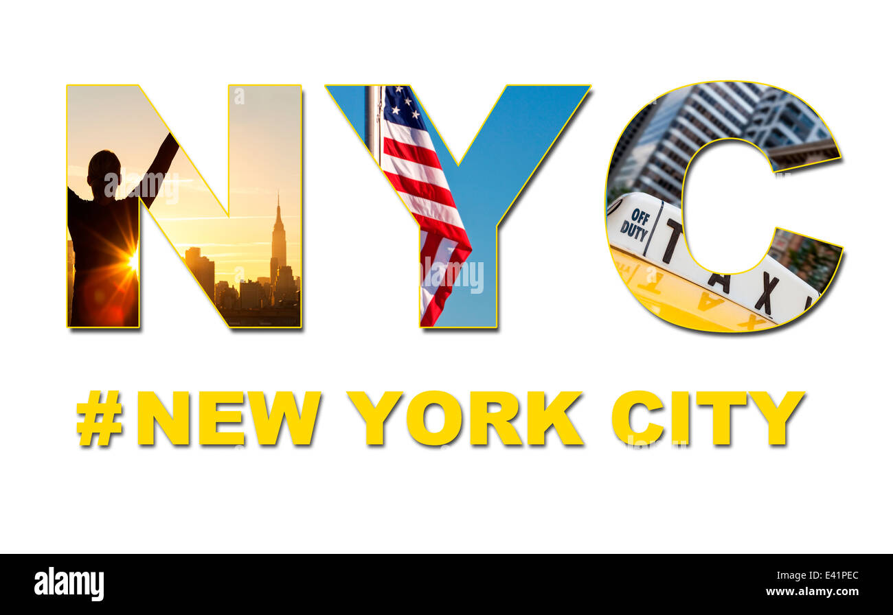 New York City America travel & tourism, The Empire State Building skyline, yellow taxi cab, stars & stripes flag, hash tag NYC Stock Photo
