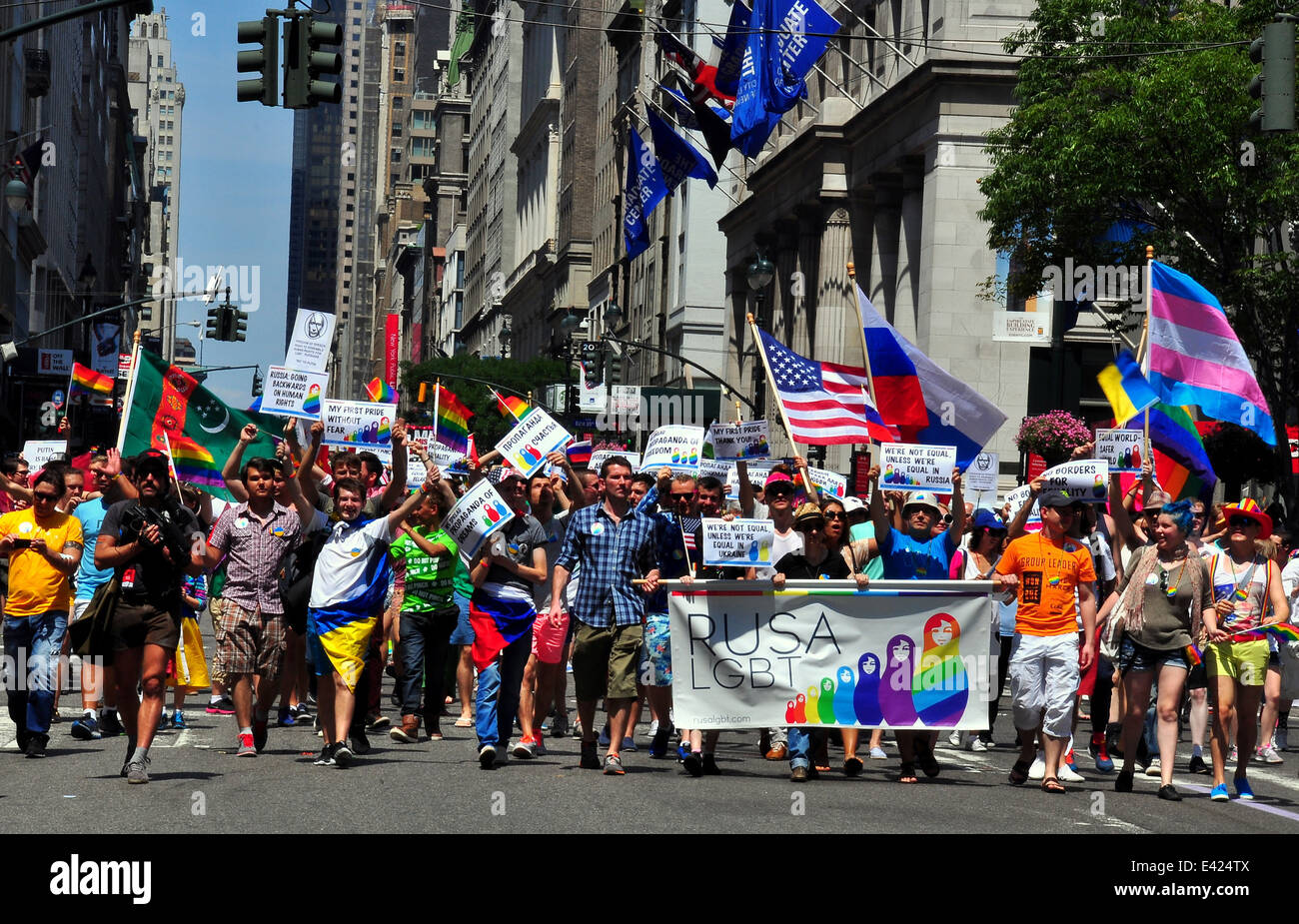NYC: Gay Russian group from RUSA marching in the 2014 Gay Pride Parade on Fifth Avenue * Stock Photo