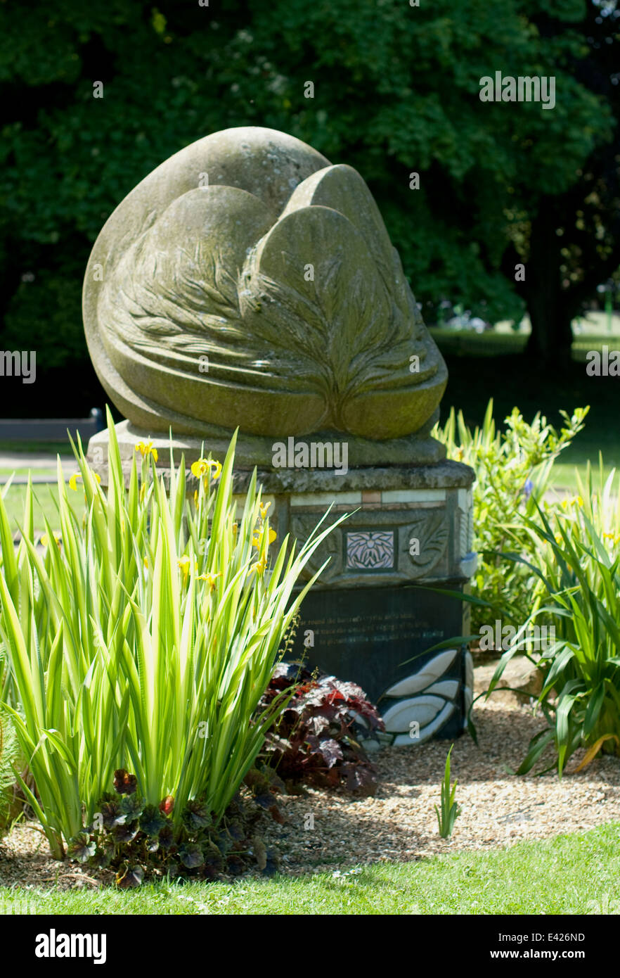 Editorial image of a stone memorial sculpture by Sarah Brindley in the Spa town of Buxton, located in the Peak District, Derbyshire Stock Photo