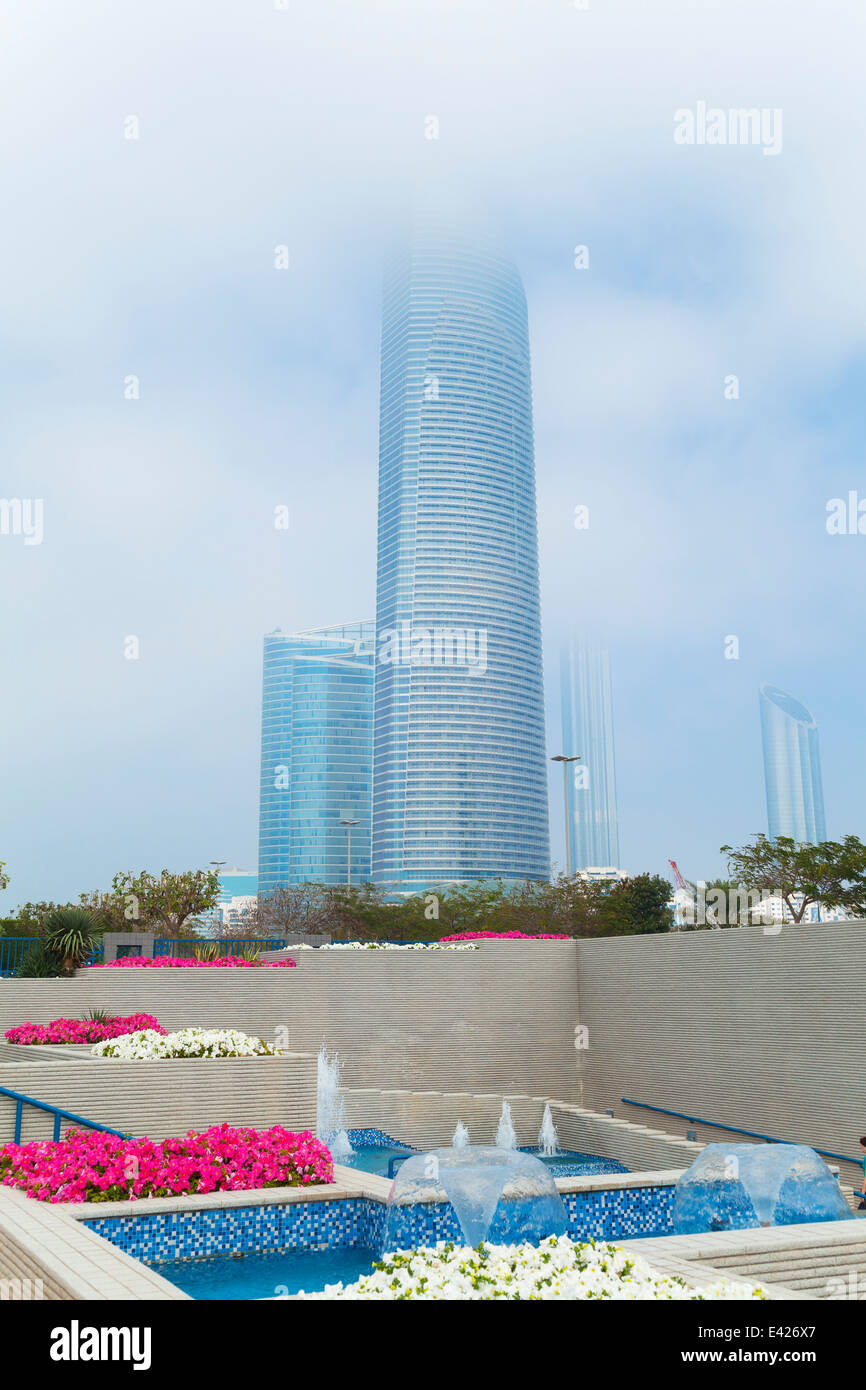 Downtown Abu Dhabi, Landmark Tower, Corniche Flower Beds, United Arab Emirates Stock Photo