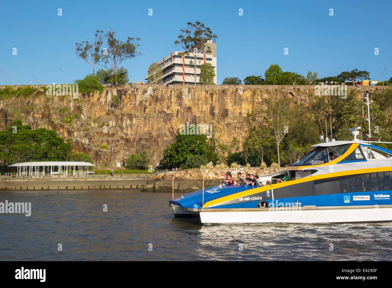Brisbane Australia,Kangaroo Point Cliffs,Brisbane River,CityCat,ferry,boat,riders,passenger passengers rider riders,TransLink,Trans Link,QueenslandFer Stock Photo