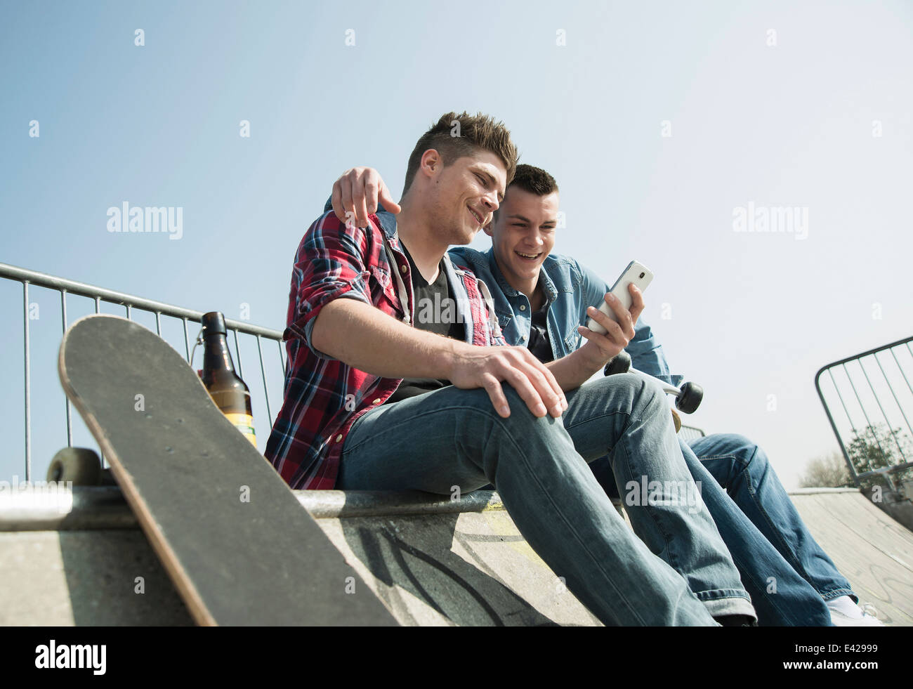 Young men in skatepark, using smartphone, drinking bottle of beer Stock Photo