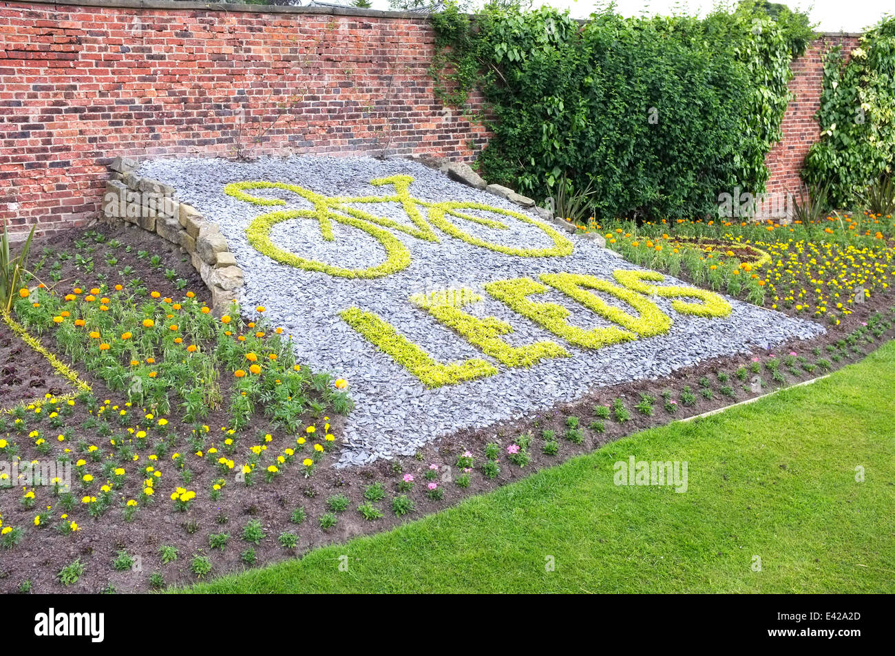 A flower bed at Roundhay Park, Leeds, showing Tour de France, 2014, in Leeds Stock Photo