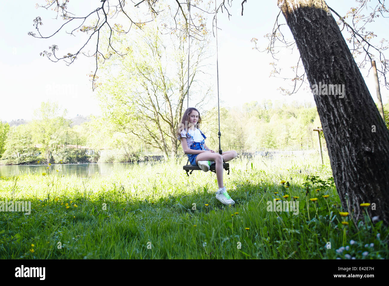 Girl on swing in tree, portrait Stock Photo