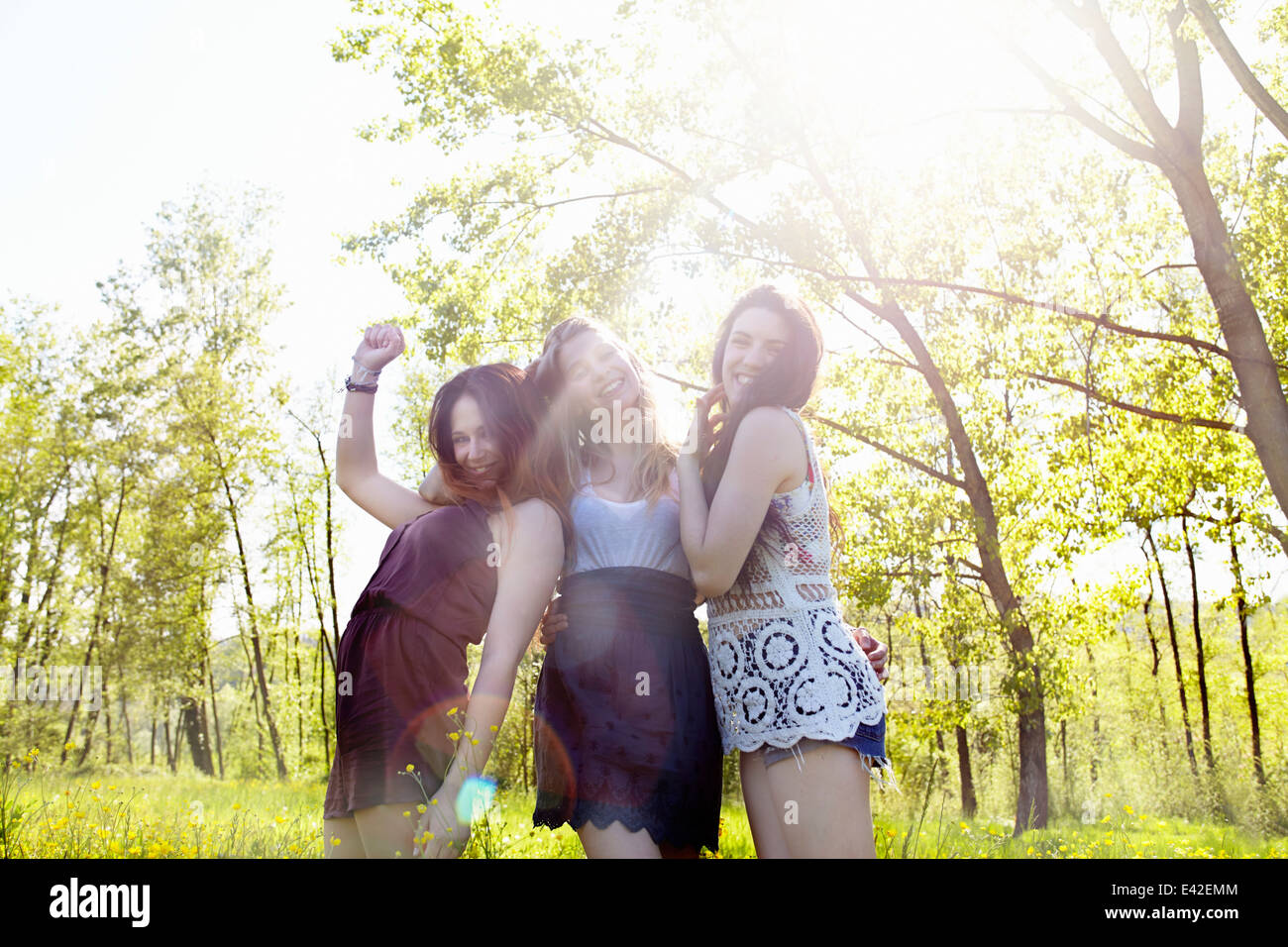 Three female friends in sunlight, portrait Stock Photo