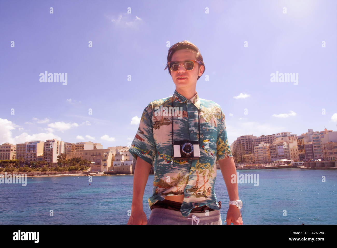 Portrait of man with camera, Ta' Xbiex harbor, Gzira, Malta Stock Photo