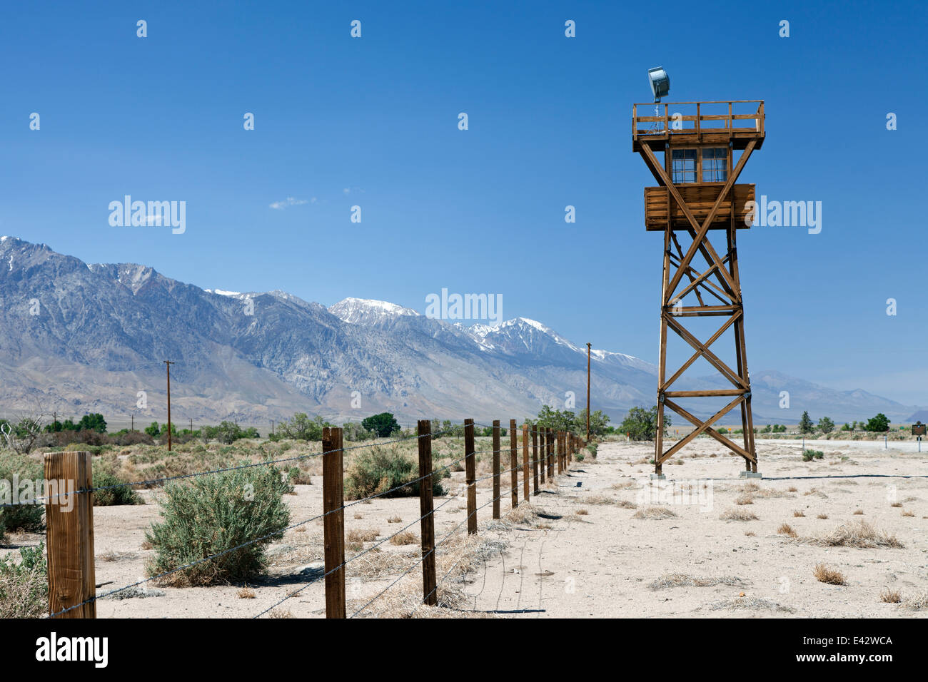 Guard Tower #8 at the Manzanar Relocation Center near Independence, California. Stock Photo