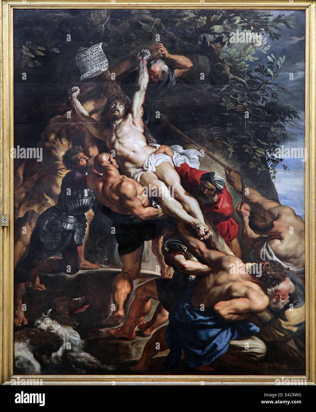 Raising of the Cross.1609-1610 by Peter Paul Rubens.middle panel.Cathedral of our Lady.Antwerp.Belgium. Stock Photo