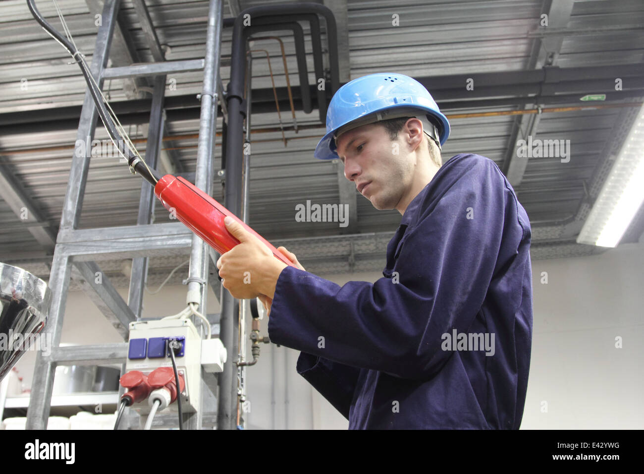 Male electrician checking power supply cable in factory Stock Photo Alamy