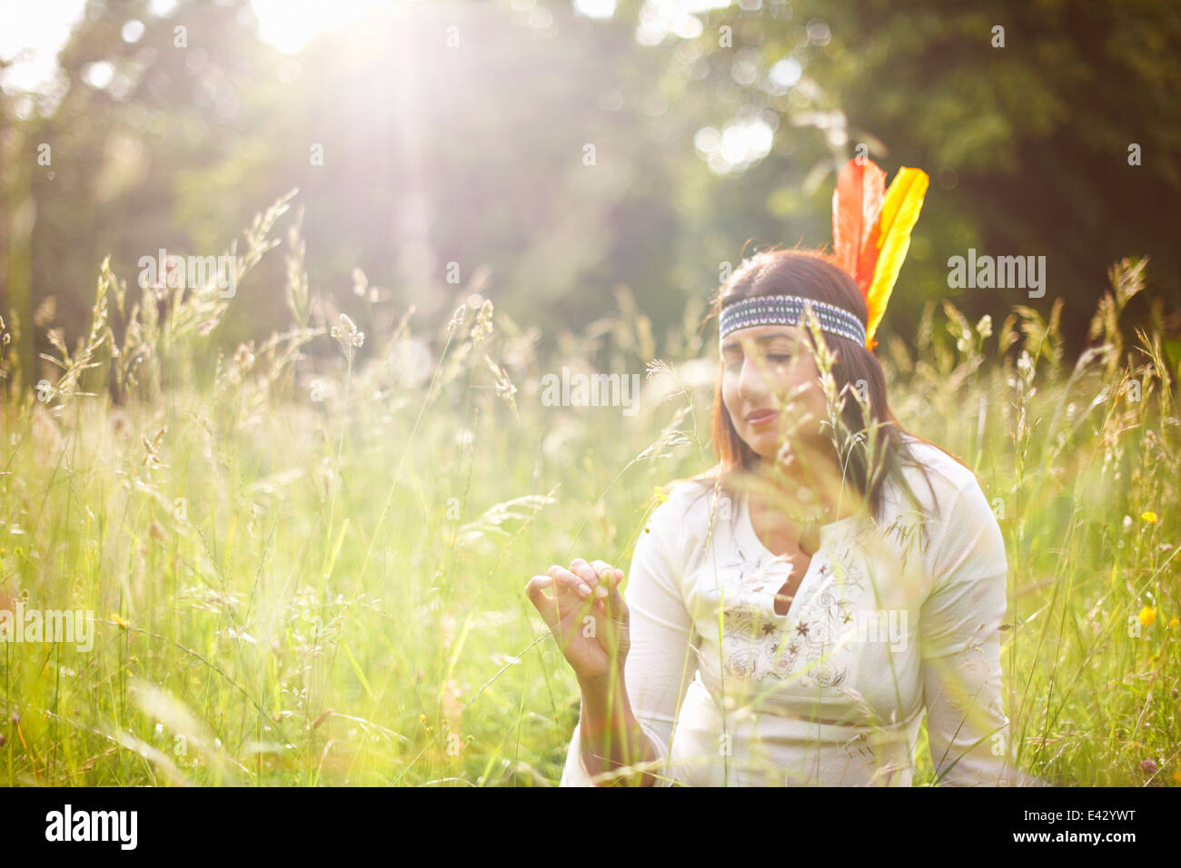Mature woman in native american headdress in long grass Stock Photo