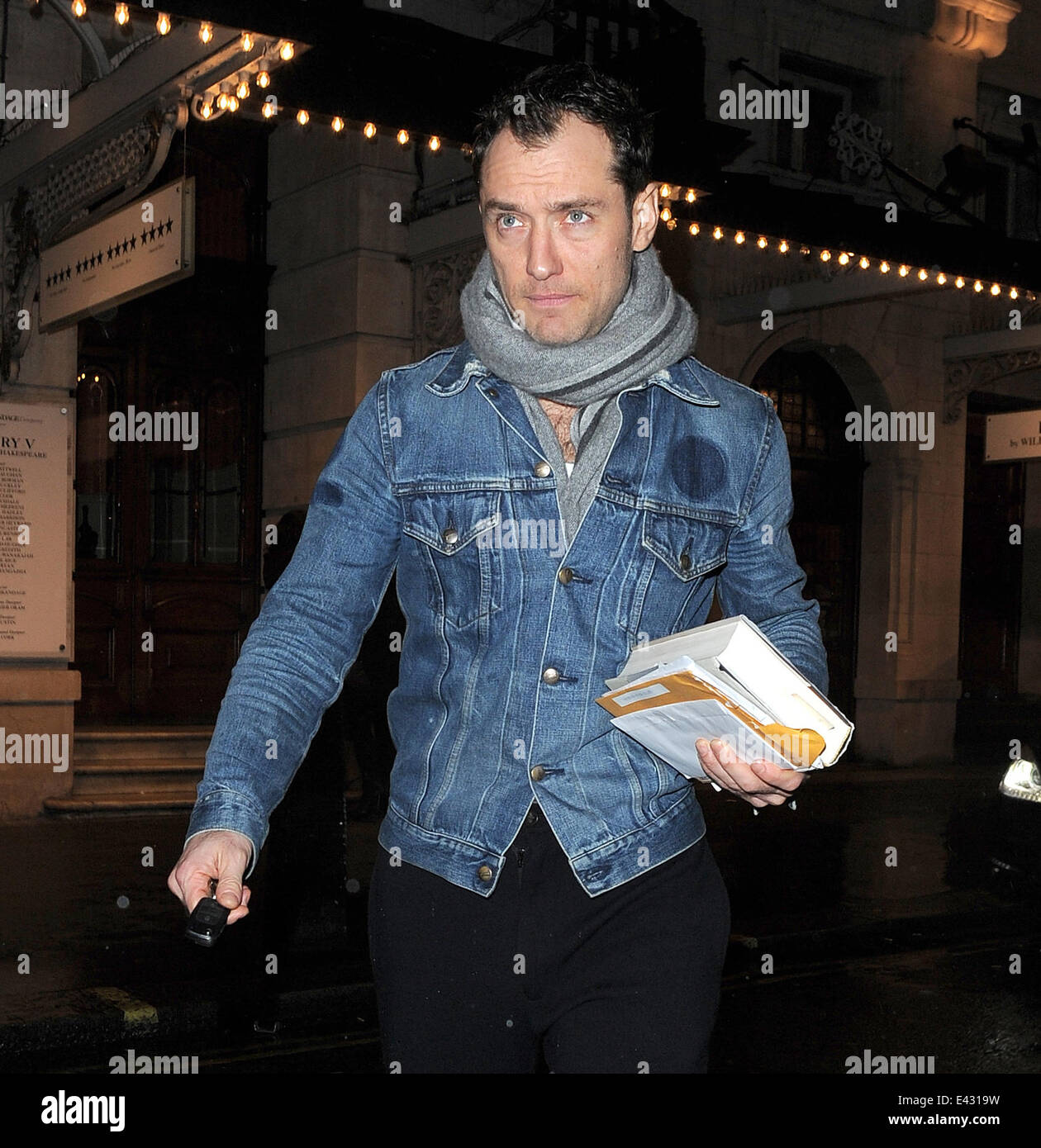 Jude Law leaving the Noel Coward Theatre in a denim jacket after his ...