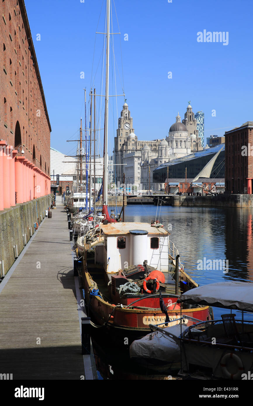 The Albert Docks, in Liverpool, with the Royal Liver Building behind, in summer, on Merseyside, NW England Stock Photo