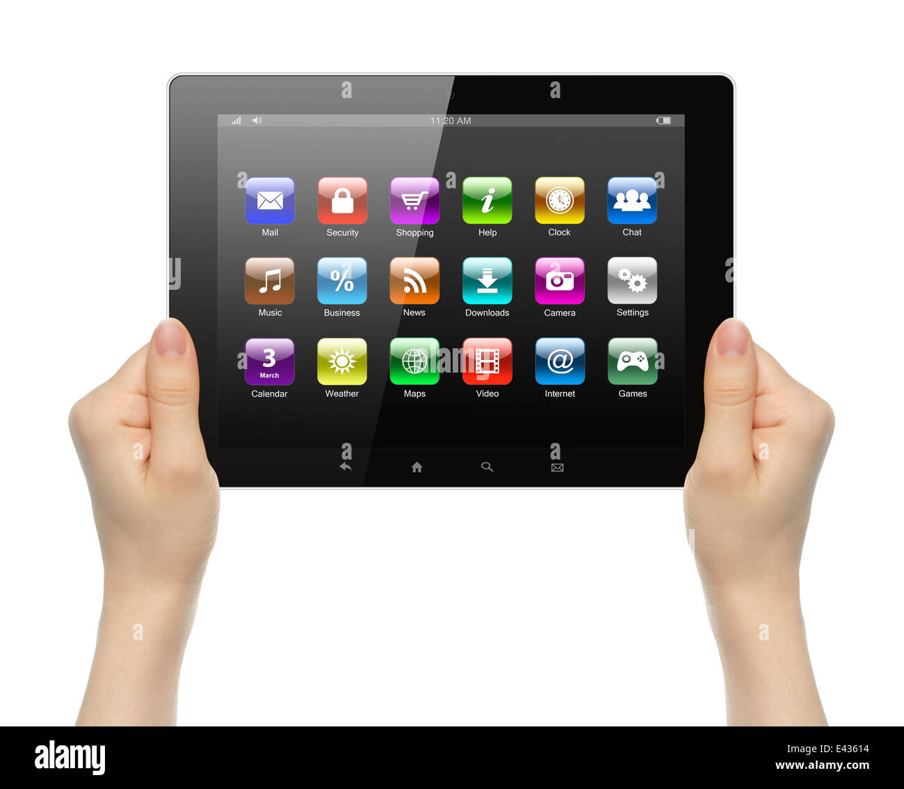 Woman hands holding tablet PC with icons on white background Stock ...