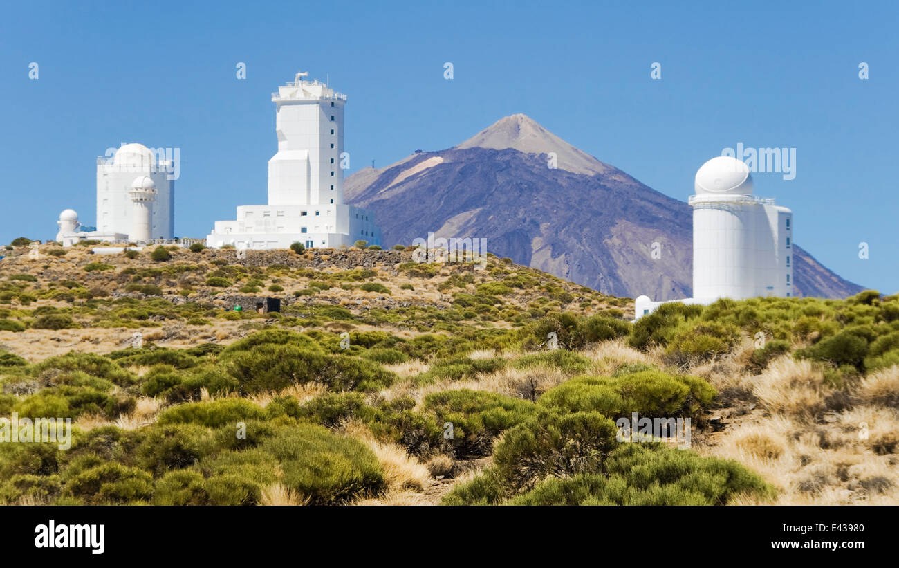 Telescopes of the Astronomical Observatory Izaña with the mount Teide in the background, Tenerife, Canary Islands. Stock Photo