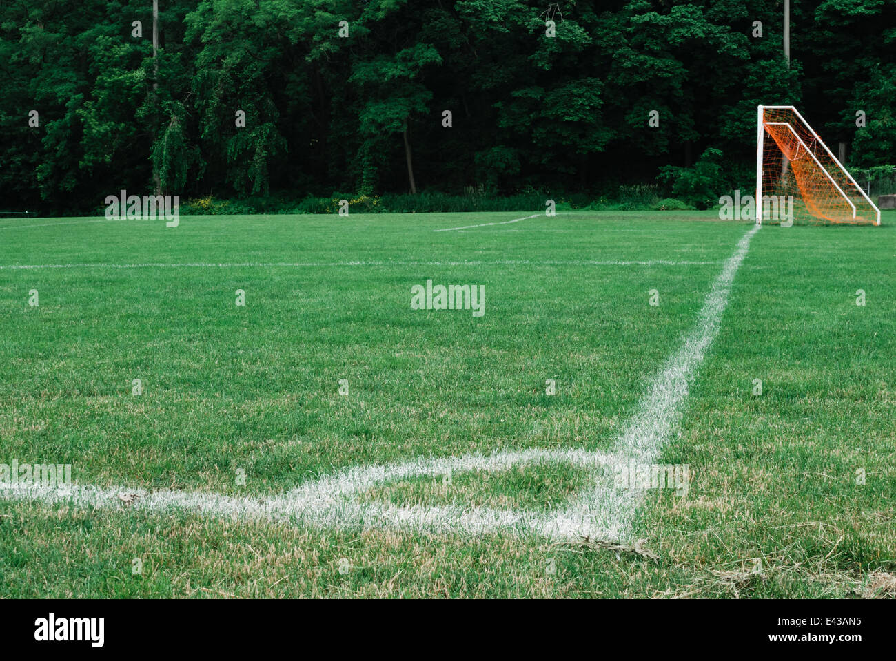 Corner boundary markings of grass soccer field with orange goal net Stock Photo Alamy
