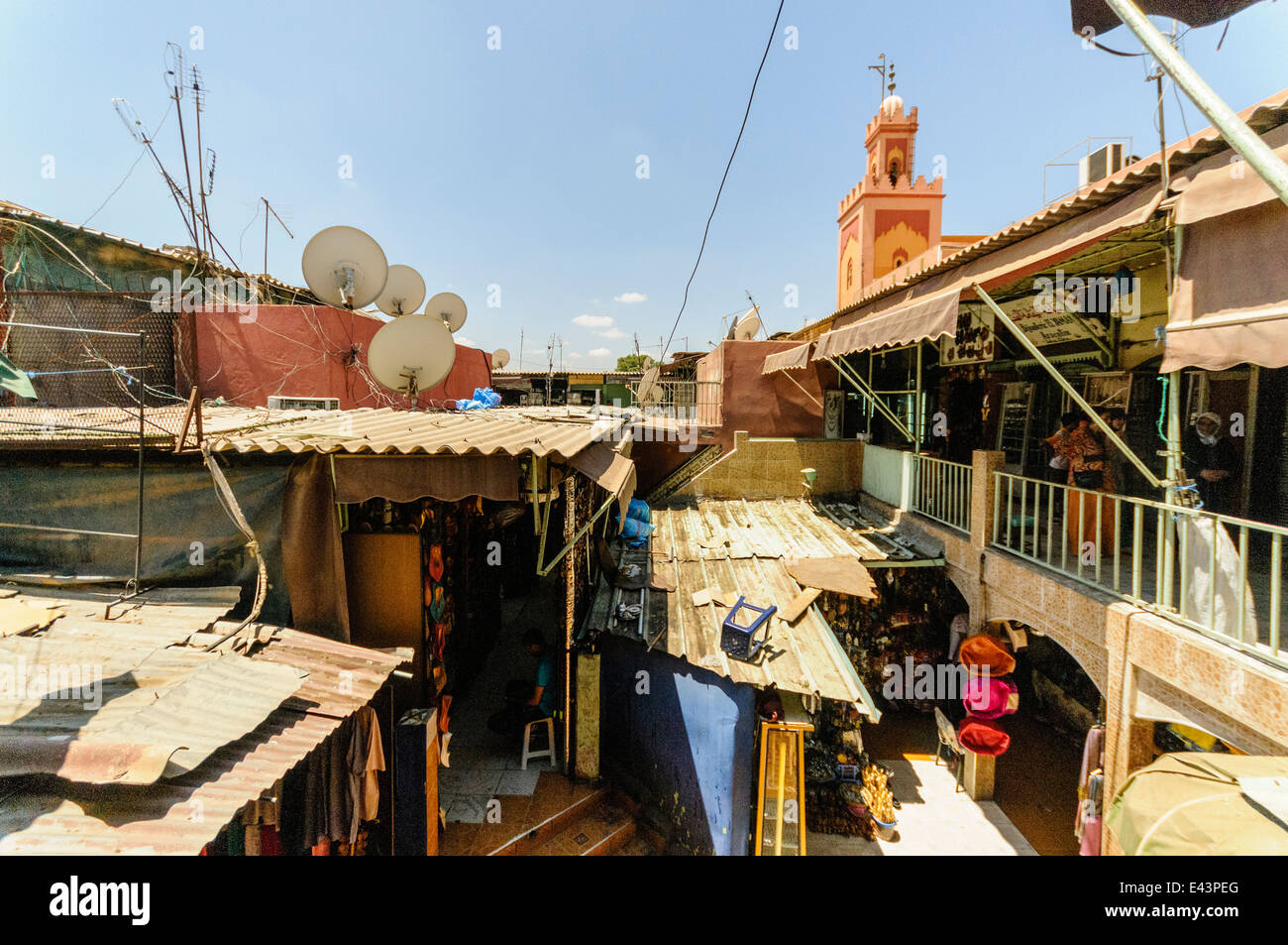 Looking over the roofs of part of the Jemaa El-Fna Fnaa Souq in Marrakech, Morocco Stock Photo