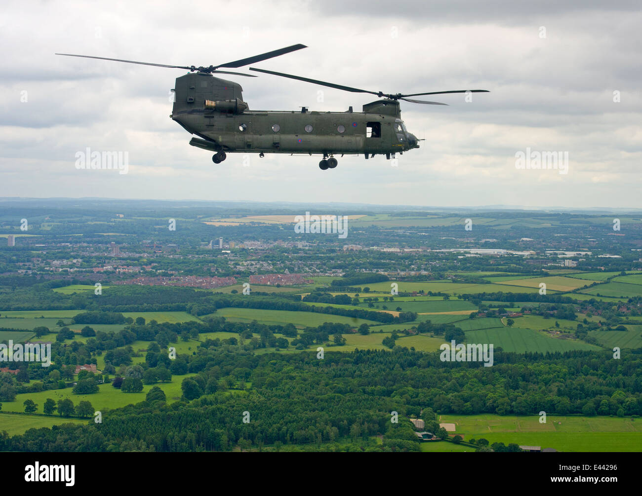 A Chinook CH-47 Mark 6 helicopter RAF MK I in flight over Hampshire Stock Photo